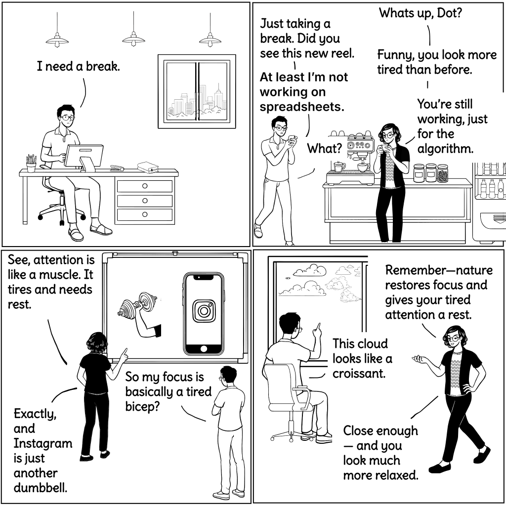 Comic illustrating the difference between fake breaks (scrolling phone) and real rest (looking at nature)