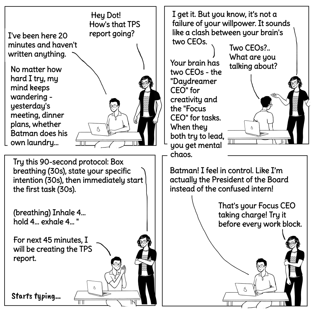 Comic showing Dot and Dash discussing the brain's two CEOs and the 90-second protocol for focus